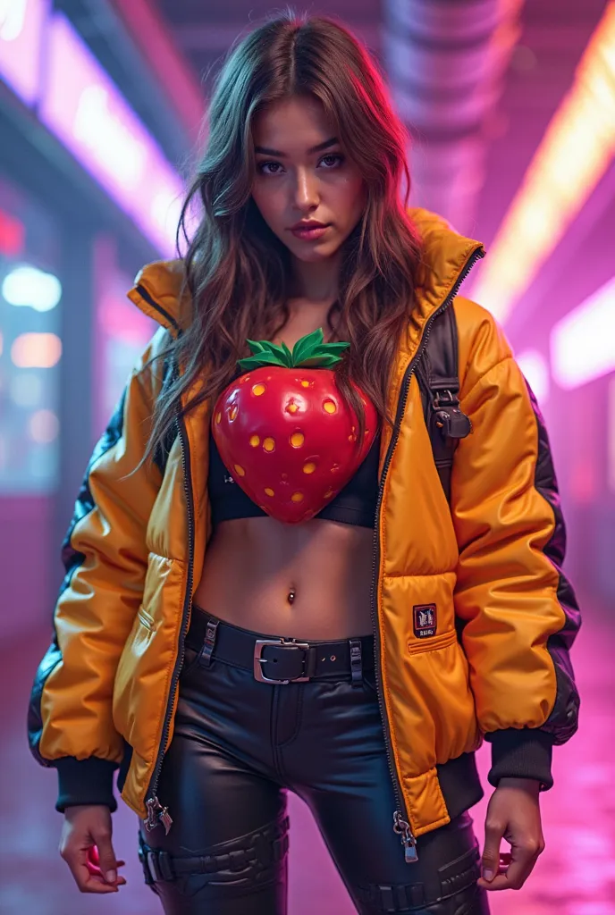 A Latin girl with long brown hair, dressed in an adrenaline-style cosplay from Fortnite, Chiclosa version. She wears a brightly colored jacket, with impressive and melancholic, tight pants and sports boots. On her chest she has a large and striking strawbe...