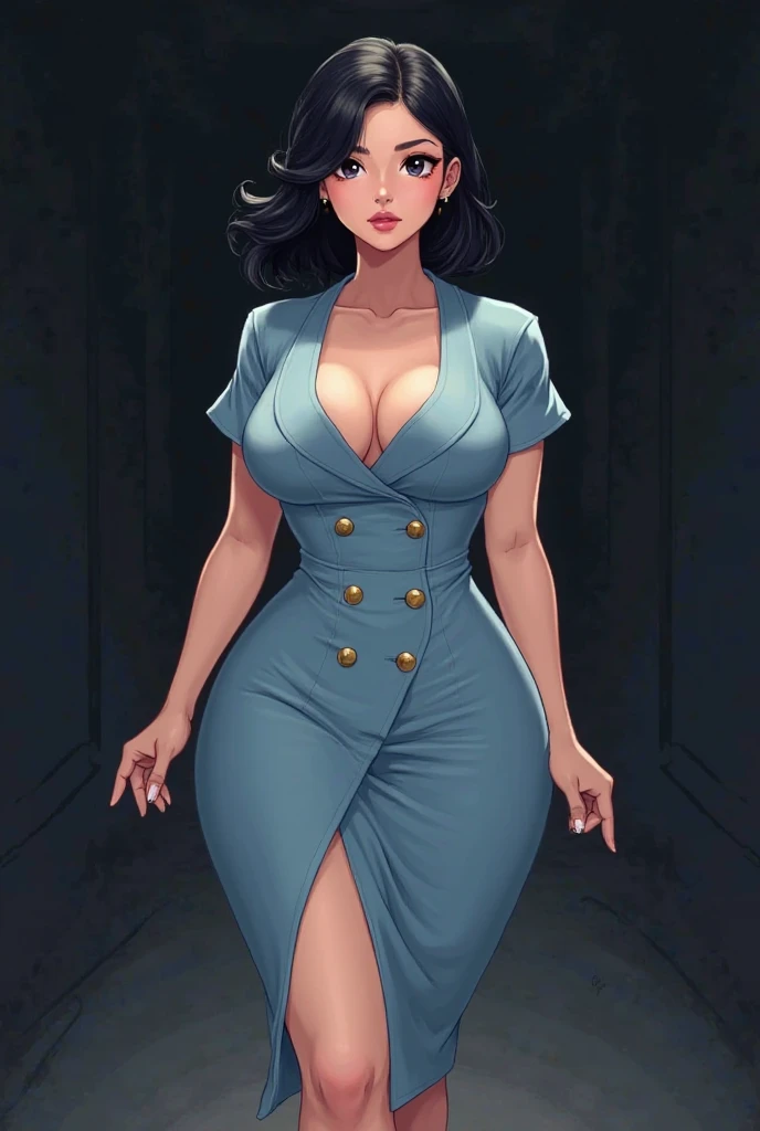 This is an anime/manhwa-style illustration of a confident, curvy woman walking forward. She has a voluptuous figure with a large chest and wears a form-fitting, light blue dress with short sleeves, a deep V-neck, double-breasted buttons, and a slit, accent...