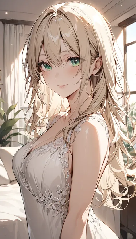 Detailed eye depiction，a mature woman，nice，beauty，grace，E cup，Slender， golden long hair， Green Eyes ，Delicate five-pointed detail ，Delicate Eyes,  Seamless Connection ，gentle smile ， white dress，modern， perfect human anatomy，room background