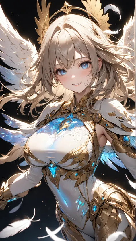 ((masterpiece)), ((high resolution)), ((best quality)), (ultra-detailed),
a girl,big breasts,very cute,smile,Seraphim, Floating in the air, Descends from the sky, 
Detailed and aesthetic face, Looking down at the viewer, Clear and innocent eyes, 
Transluce...