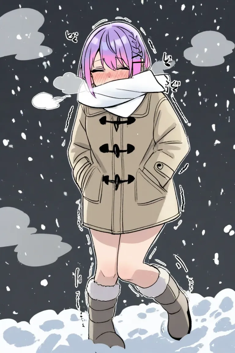 girl shivering in the cold in the snow、 is sighing、 Tokonami Towa、Hololive、 purple hair、 doya face、squinting、Snow in your hair、Trembling Knees、A cold look、big coat、swelling、Layering、VERY FAT、Change her hairstyle to braids、adult woman、white lashes、White Sca...