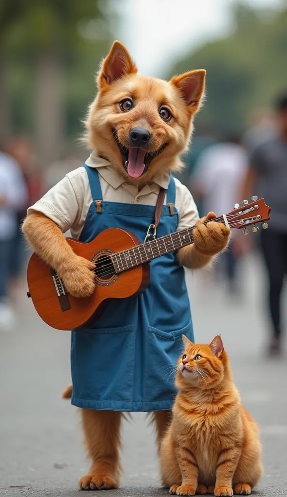 a typical Brazilian mixed-breed dog with caramel color and shaved fur, wearing a blue apron, he is holding a guitar in his hands, in front of him you can see a fat orange cat, they are standing on the sidewalk of a busy street, you can see other people
