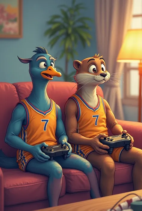 Ronnie Pigeon and Mike Otter with basketball jerseys number 7 playing games with controller