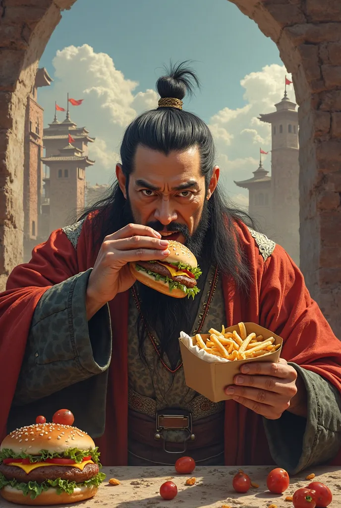 Gengis Khan eats a burger king sandwich