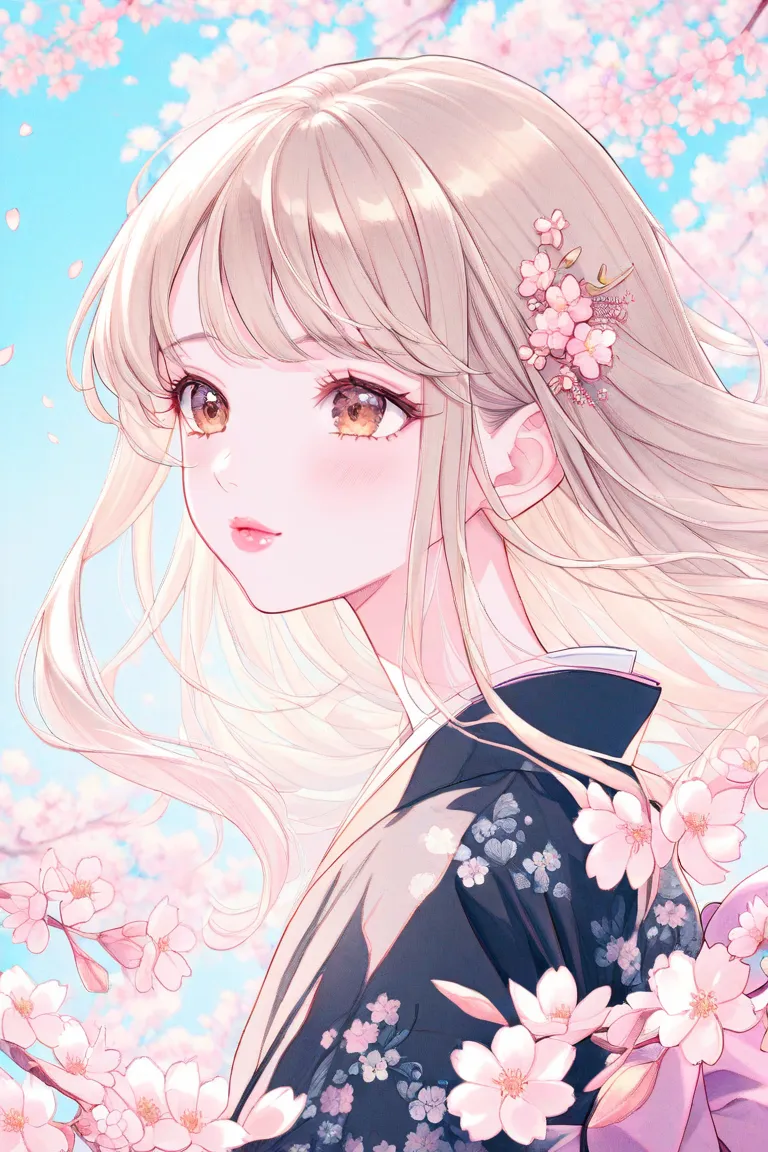 watercolor、white film、pastel color、illustrations、1 girl、cute、Blue sky background、beige hair、blue gradient hair、flower clip、 brown eyes 、droopy eyes、Eyelashes、 black kimono、A kimono with a floral pattern、pink cheeks、 small lips by Telebi、pink lips、 from afa...