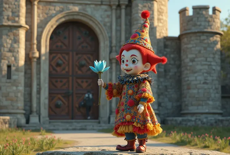 The modern archetype " The little "  From the court with the clown's face painted red and white 
In front of a medieval castle in the late afternoon, the character standing closest to the large doors and offering a blue lotus flower on the other hand