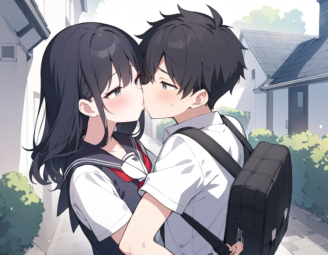 male middle school student、 male、Duo、２shots、 school uniform、white cutter shirt、Black trousers、 black hair、black bag 、Kiss、coming out of mouth、 residential area、