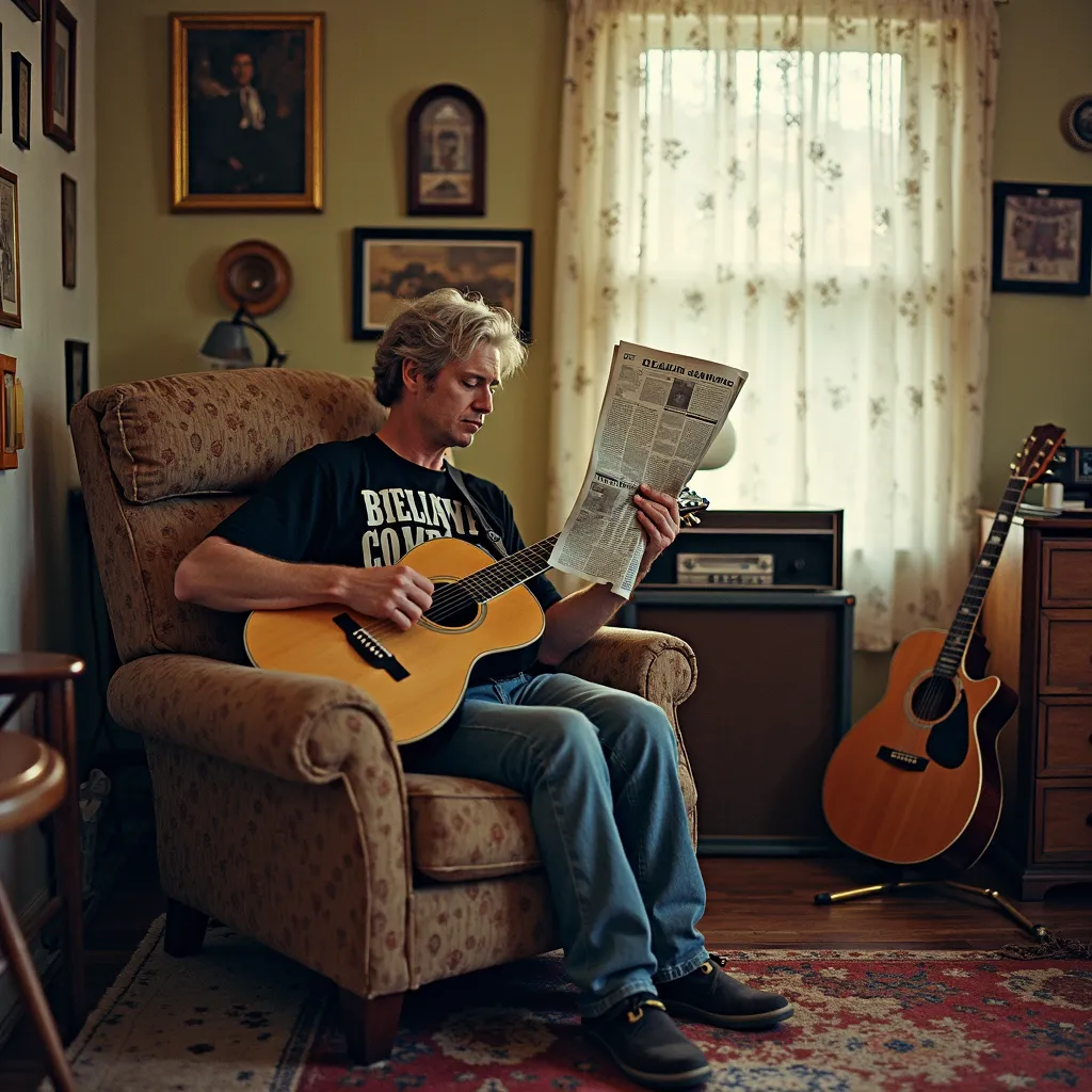 Living home from the 1970s in the United States, person sitting in a slightly worn armchair with a black t-shirt with the characteristic language of the Rolling Stones, guitar covers his face with the newspaper he is reading. next to him a guitar to play o...