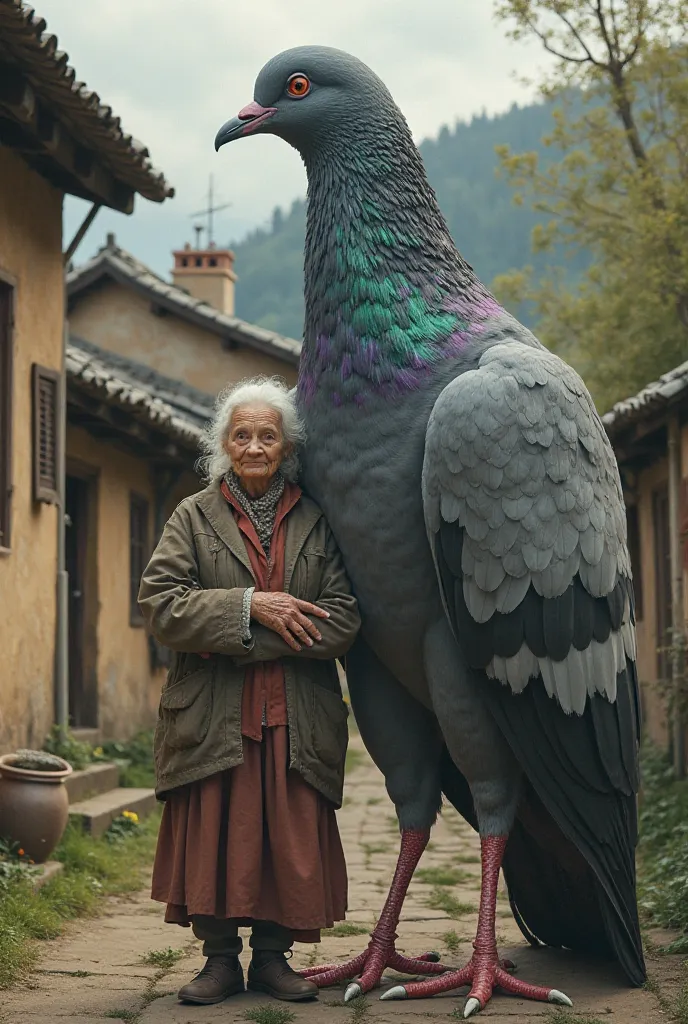 A old lady stand with a giant pigeon behind the old home in village 