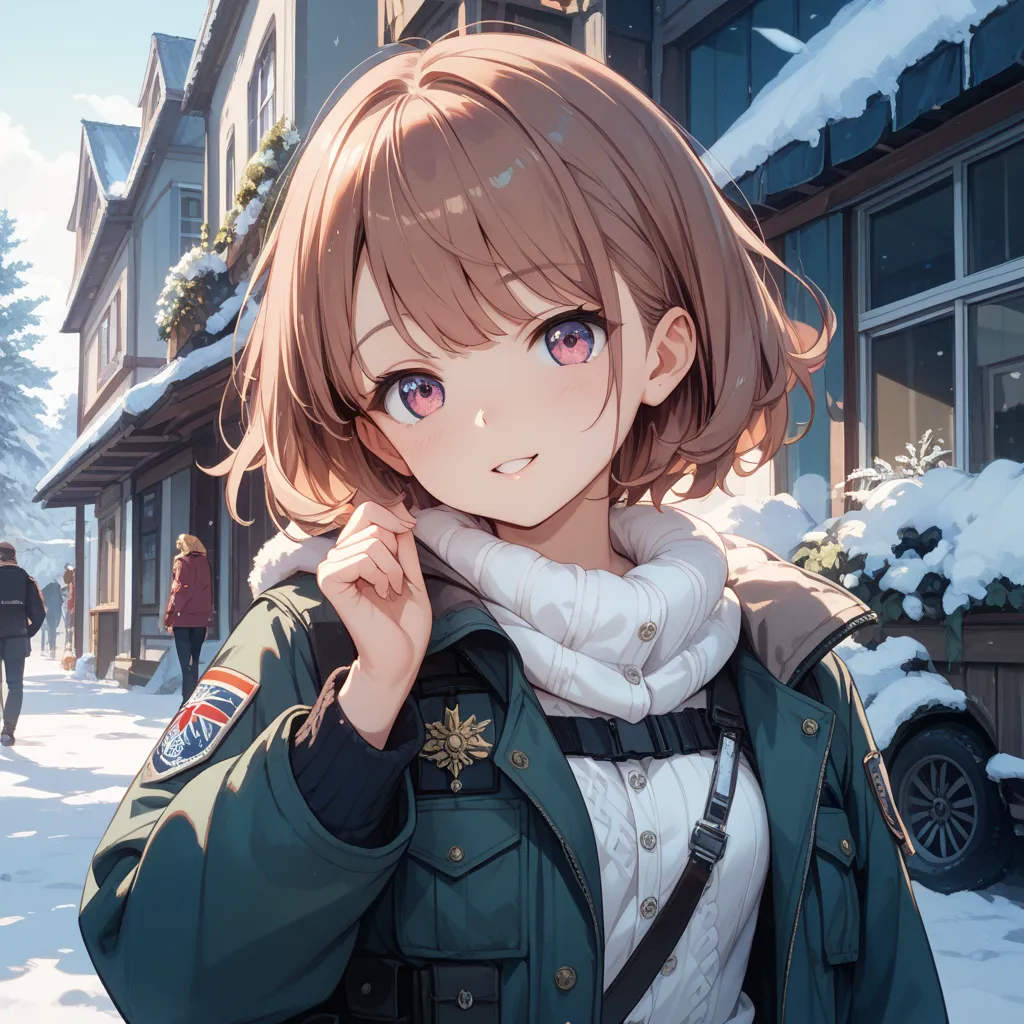  one woman、 pink brown bob hair、 cute、Sister、Military cold protection、cold weather background