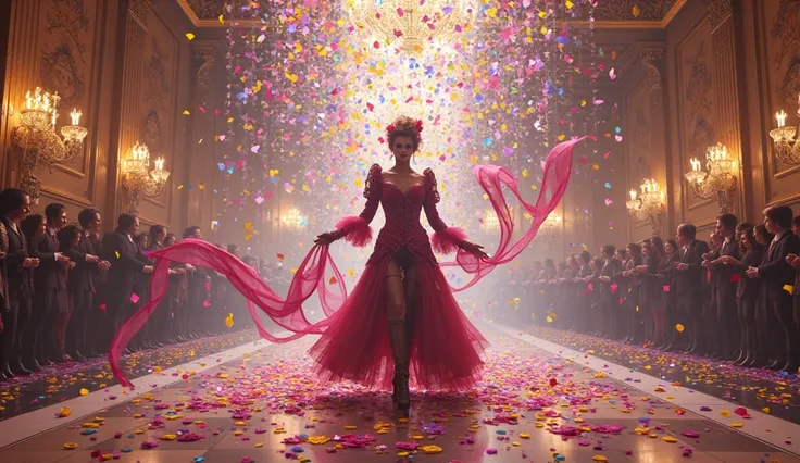 a large ballroom, With an explosion of confetti and streamers, And ren in costume playing