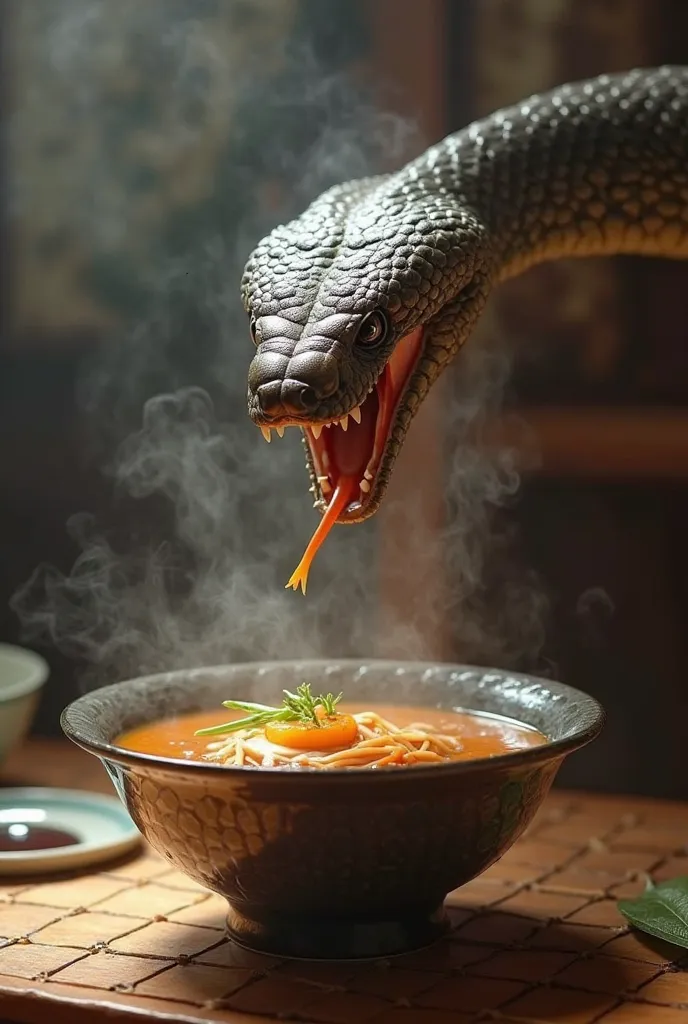 Snake naja trifle with its mouth open eating lamen or egg