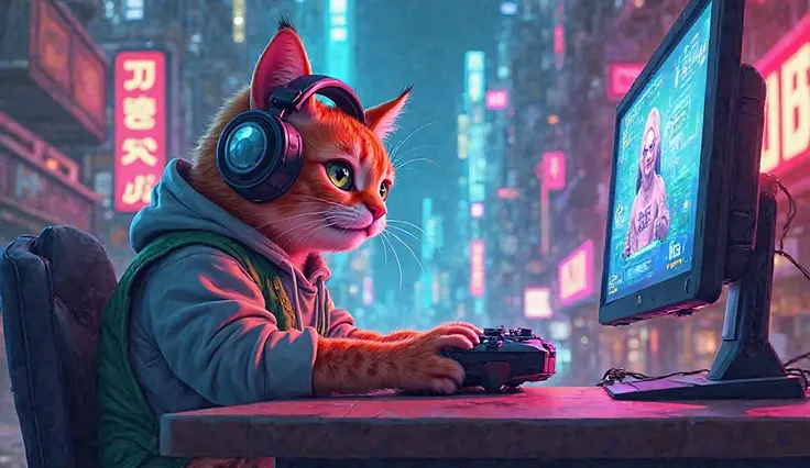 Cartoon cat plays ps 5 in cyberpunk style 