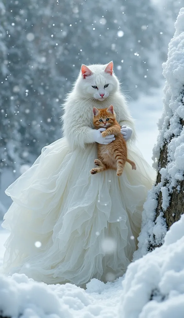 "The majestic white cat, dressed in a flowing white gown, clutches the small orange tabby kitten as they fall from the icy cliff. Snow and ice swirl around them as they plummet into the deep, frozen abyss. With a heavy crash, the mother cat lands in the sn...