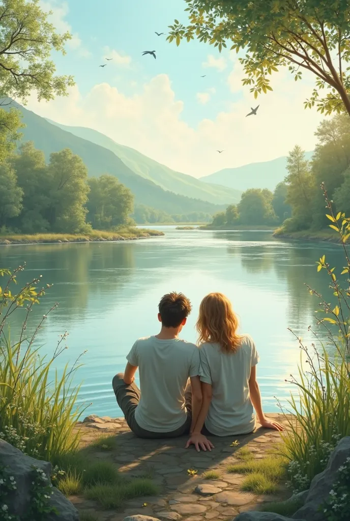 Create an image of couple sitting on bank of river