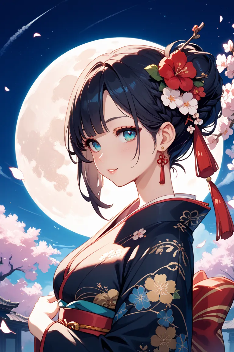 A Vtuber girl with an image of a beautiful night with a beautiful moon. She has black hair and wears a braid-like ornament in her hair. Her hair is long. She has no bangs. Her hair is parted a little off-center. She wears black-based kimono, which is flash...