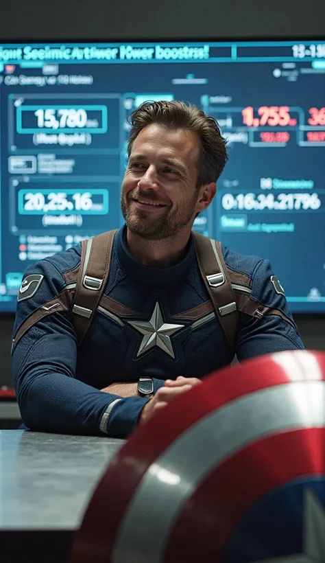 Captain America smirking slightly while leaning against a metal table. A holographic screen behind him displays calculations for a seismic power booster. His iconic shield rests nearby, catching the light from the glowing tech around him.

