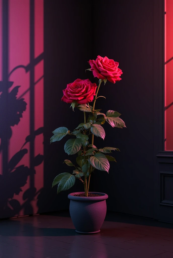 A black room with purple and red highlights , a pot of rose