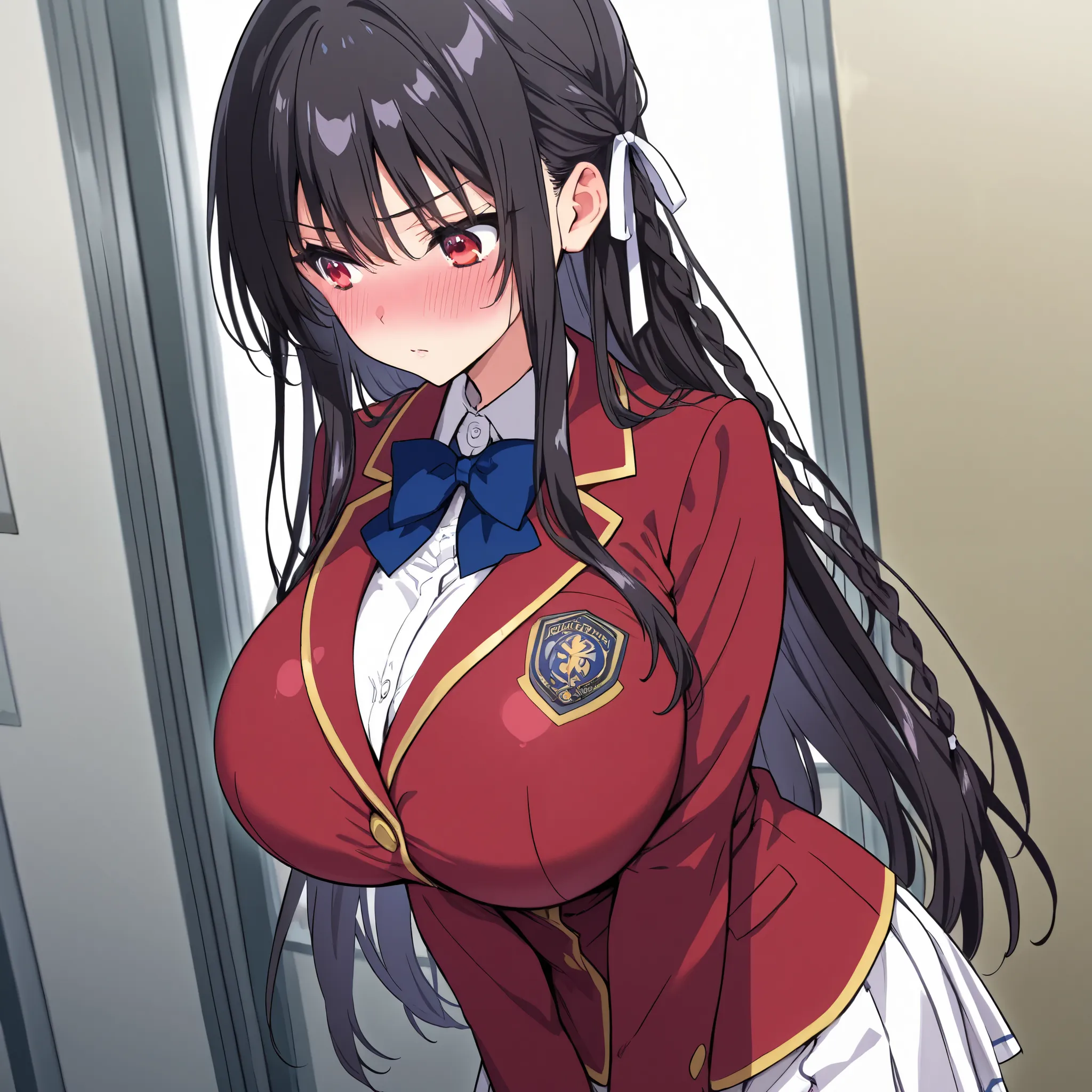 bow, school uniform, jacket, bowtie, blue bowtie, blazer, red blazer, skirt, white skirt,
Breast, (huge breast:1.15) (blush), 8k masterpiece, (1girl, solo), suzune horikita, long hair, black hair, red eyes, hair ribbon, braid,