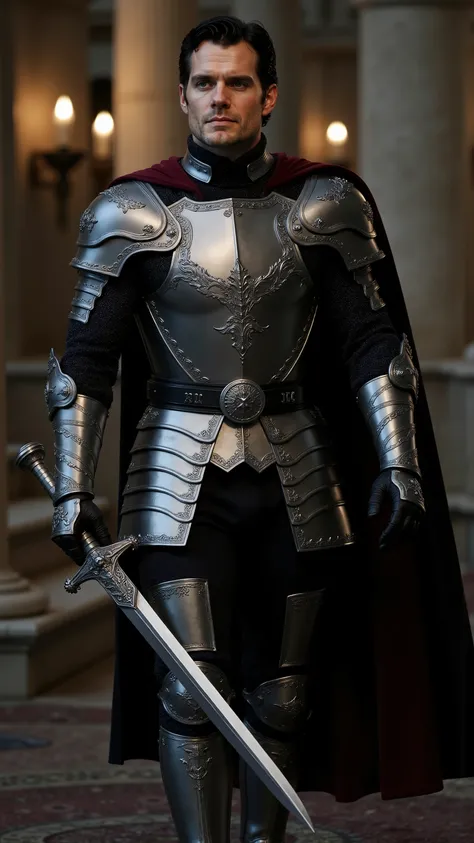 Henry Cavill as a knight walking and carrying a long sword､dramatic atmosphere, 1 man､
He has steel-blue eyes. His short, dark hair is neatly styled, framing his strong jawline. 

He wears a suit of polished steel armor with intricate engravings. The breas...