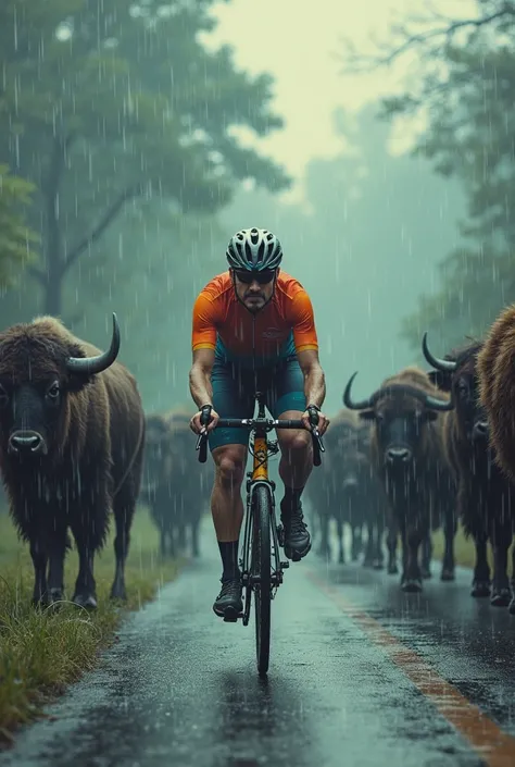 Create cyclist in cycling clothes next to buffaloes on a road on a rainy day at dawn 