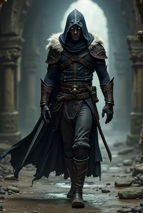 A drow rogue around 5'8 ft tall. Make it male and the wearing leather armor and a hood