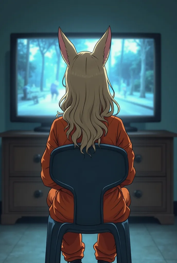 the adult prisoner fox women, light blond long wavy hairstyle, pink her eyes, orange prison jumpsuit, She sat watching a television movie on a plastic chair in the Prison television room, and she cried because she loved it, She sat with her back to her, an...