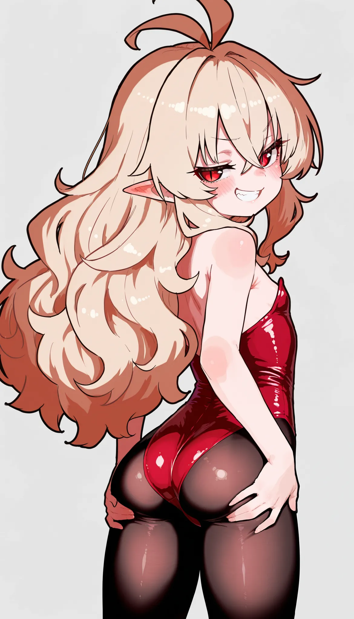 by ekrea jan, by megateru, 1girl, beige blonde hair, long hair, fluffy hair, wavy hair, big hair, crossed bangs, pointy ears, red eyes, slit pupils, petite, young girl, red leotard, strapless, black pantyhose, from behind, looking back, grabbing own ass, g...