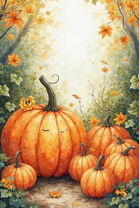 Many cute pumpkins, different sizes, water colour with some leaves