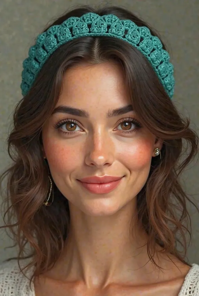 Generate a realistic Latina woman of 48 with brown hair and hazel eyes who is wearing a turquoise-green crochet headband