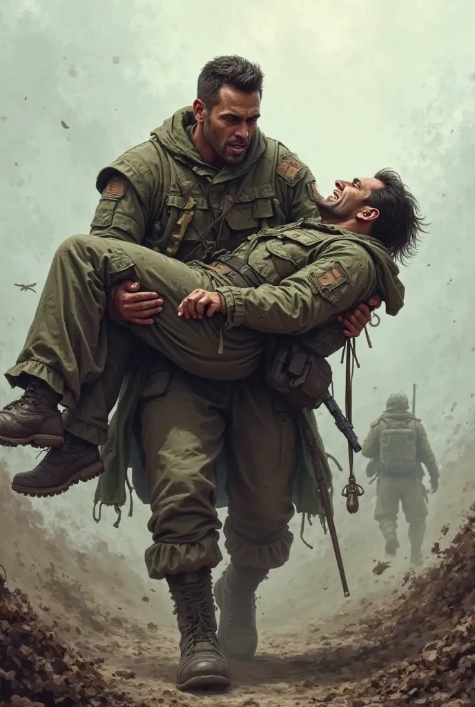 A soldier carrying another soldier who has fallen in battle 