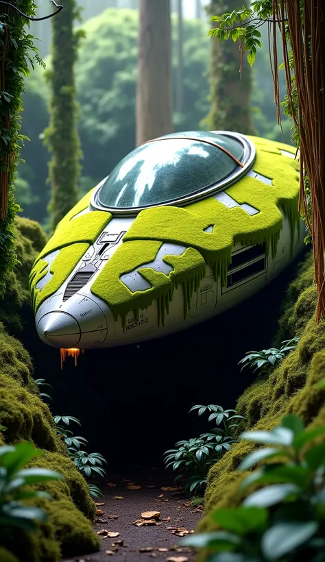 Ruins of a large alien spaceship in a dense and exotic forest 