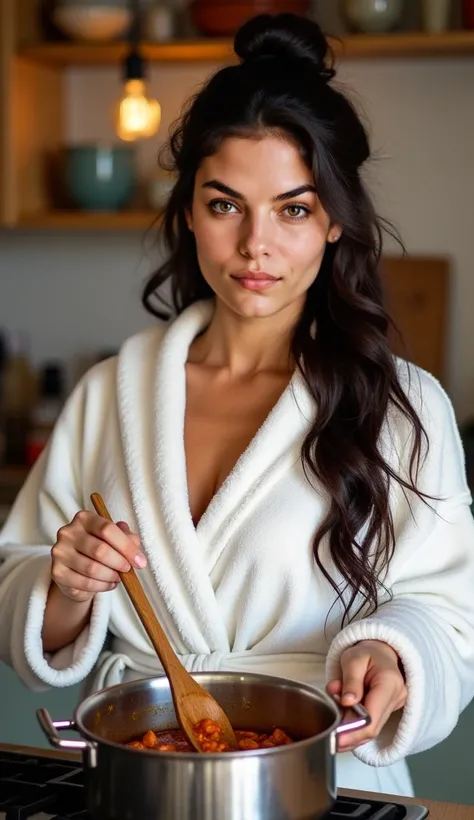 The same Taurus woman, looking directly at the camera with a full face view, displaying a focused and calm expression. She is standing in the kitchen, at the stove, stirring a pot with a wooden spoon. Her long, dark hair is styled in a casual updo, with a ...