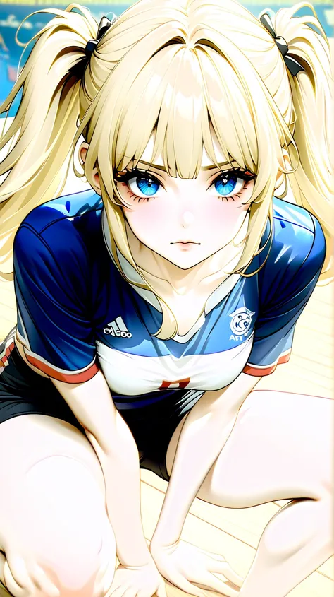 ((Skin fold))((adult female))      shot(lithe frame)Anime girl, light brown hair in pigtails, light peachy(skin tone)16-18 years old,  wearing a blue sports jersey with red accents and black shorts.  Detailed, realistic features(large expressive eyes)a sli...