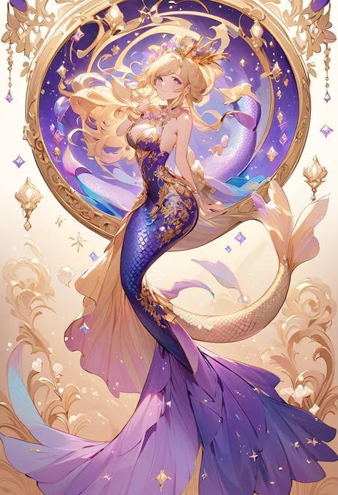 Blonde woman with purple eyes, A small smile, magnificent pearls with a beautiful pattern, Sparkling dress, long hair, tall, big bust, bottom is Mermaid, full body, long tail, purple tail, perfect tail