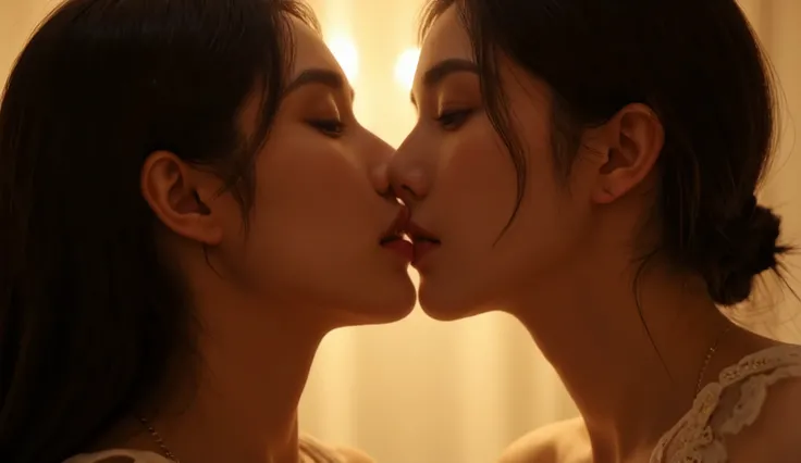 Soft focus captures the intimacy of the moment as two women's lips converge in a passionate kiss. Tongues dance in perfect sync, their faces tilted, and eyes closed, lost in the fervor. Golden ambient lighting wraps around them, illuminating the gentle cur...