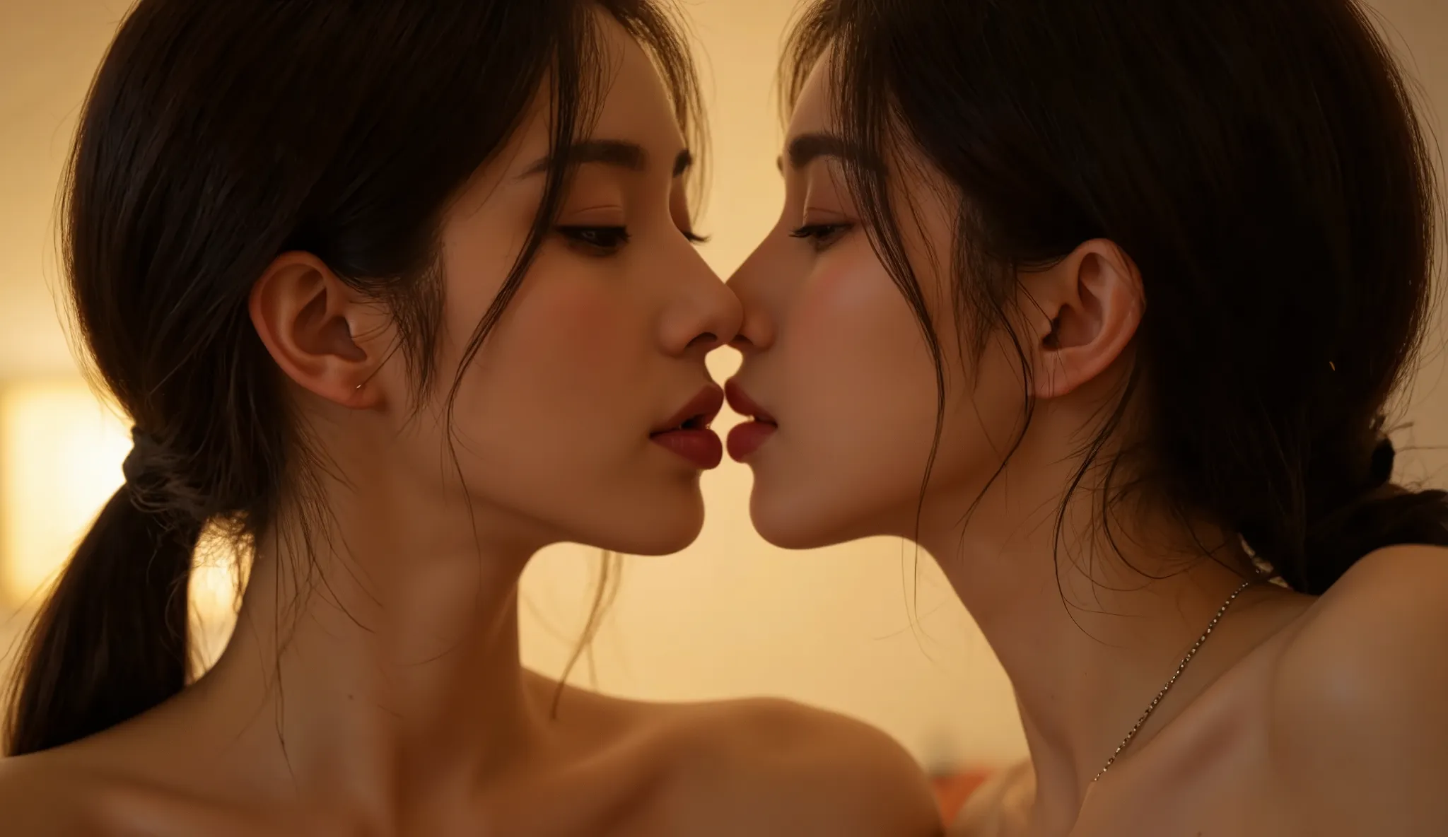 Soft focus captures the intimacy of the moment as two women's lips converge in a passionate kiss. Tongues dance in perfect sync, their faces tilted, and eyes closed, lost in the fervor. Golden ambient lighting wraps around them, illuminating the gentle cur...