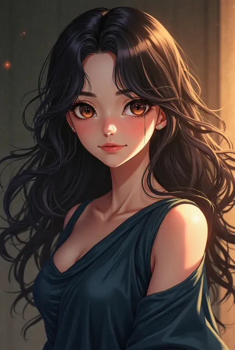 The woman has flowing, midnight-dark hair cascading in soft waves, her deep, expressive eyes shifting in color like a chameleon—sometimes an intense black, other times a warm, inviting brown. A small silver nose piercing glints subtly, adding to her enigma...