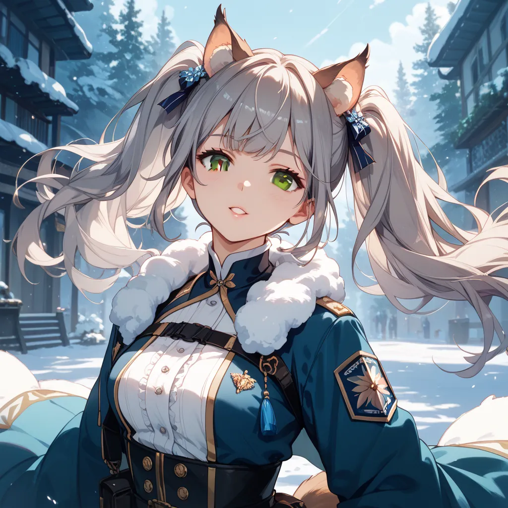 1 beautiful woman、Gray Hair、twin tails、dark brown eyes、Flying squirrel ears、Military cold protection、cold weather background