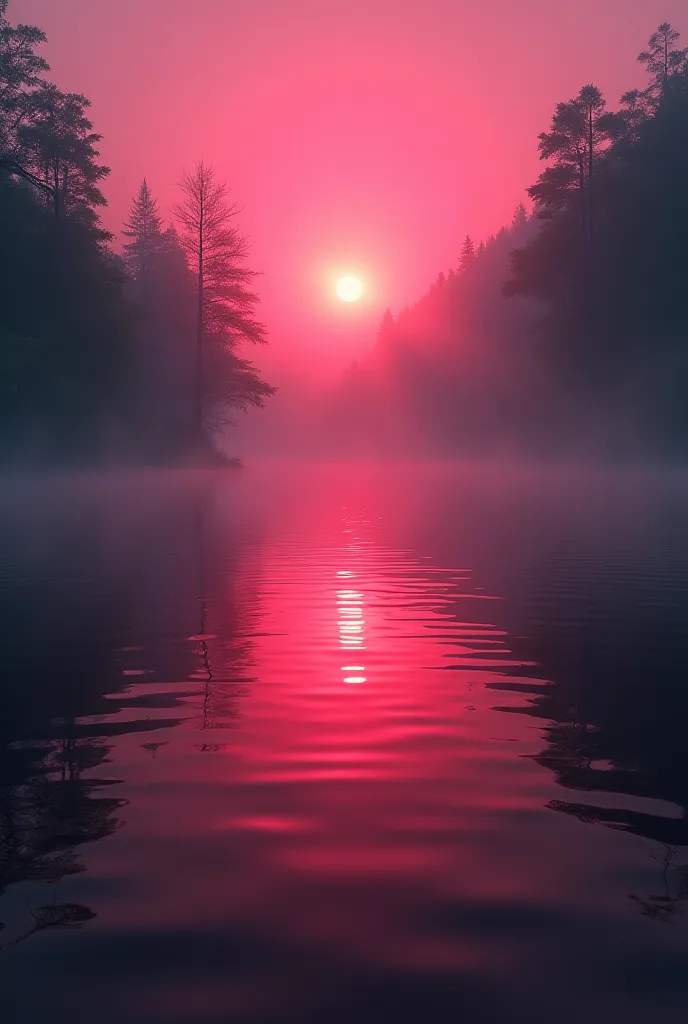 A mysterious red lake at twilight, with mist rising above the water. The surroundings are silent, and an eerie glow reflects on the water, leaving a sense of unsolved mystery."
