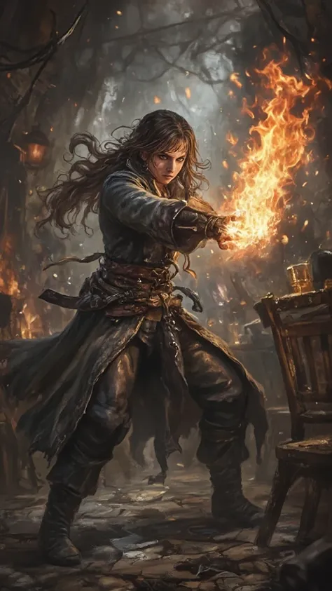 A female pirate girl with brown long messy hair and dark eyes, with a grey coat and gloves with open fingers with fire on her punches, fighting a man in a tavern