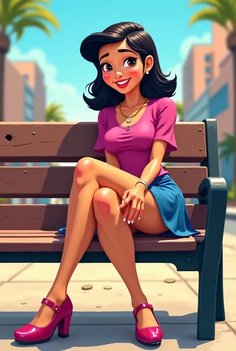 Tip: A very lovely  beautiful Asian American woman being happy alone on a bench in Downtown San Diego in the sun..The illustration is a high definition illustration with 4k resolution., with highly detailed facial features and cartoon style visuals, fuchsi...