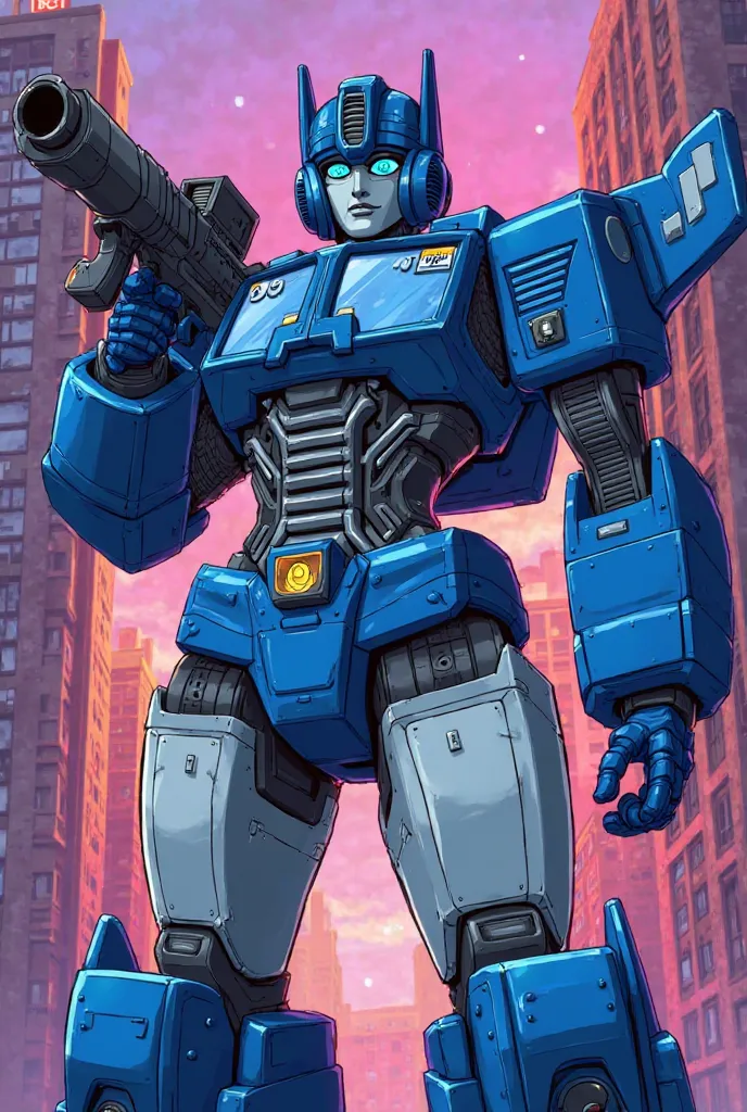 Create an artwork featuring transformers Strongarm blue color with white, police female from g1 in cartoon style 