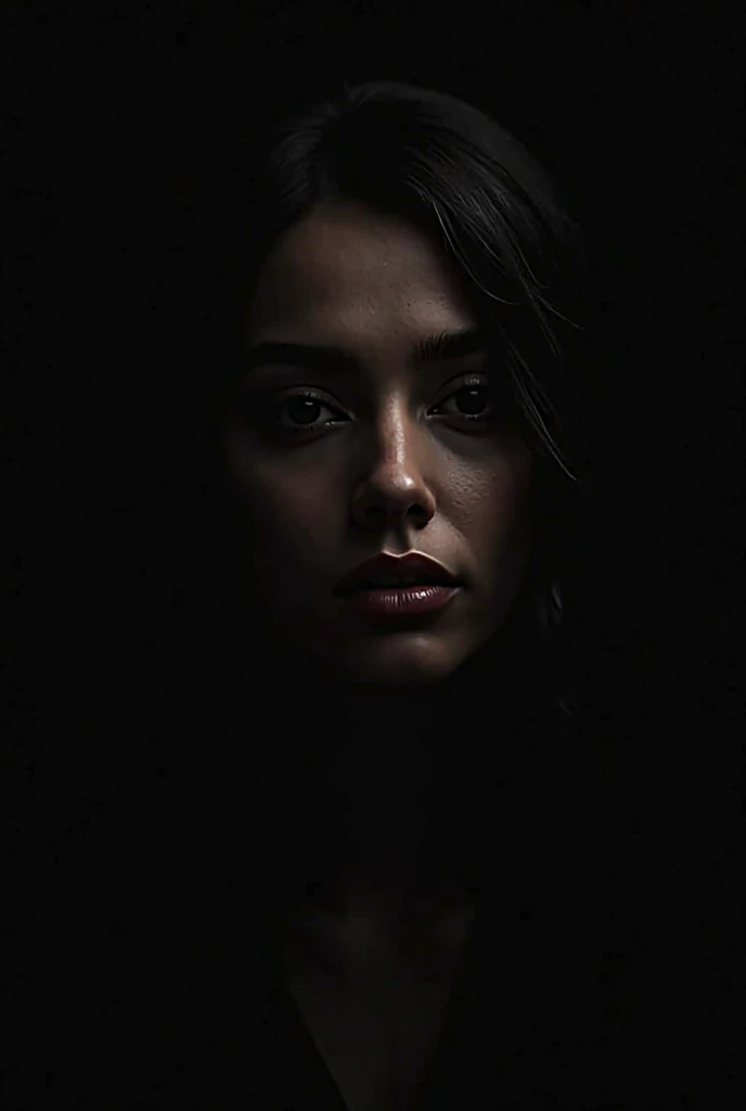 A mysterious and elegant digital image of a woman partially covered by shadows, with the completely black background. Only part of the face is visible, with subtle lighting highlighting its deep and confident expression. The overall tone image of the renew...