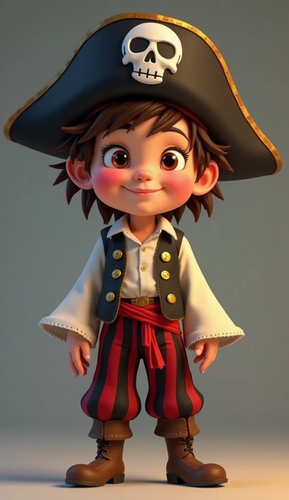 a  about six years old, with pink cheeks and glowing eyes. He wears a black pirate hat with a white skull printed on the front, slightly large for his head, making him fall slightly to the side. Your messy brown hair escapes under your hat.

He wears a whi...