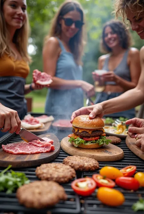 "A group of lively friends cooking together on an outdoor grill. Some people are slicing fresh meat on wooden boards, while others are grilling juicy burgers on the grill.  in the center, someone is preparing fajitas with colorful peppers and onions.  in t...