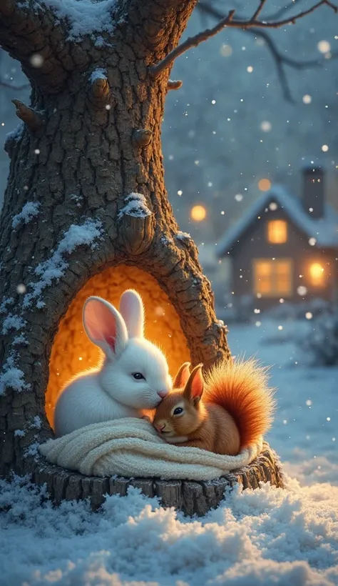 "A cozy winter night scene featuring a white rabbit and a red squirrel sleeping together inside a warm tree hollow. The white rabbit is wrapped in a soft cloth, looking peaceful and safe, while the red squirrel is curled up beside it, its fluffy tail gentl...