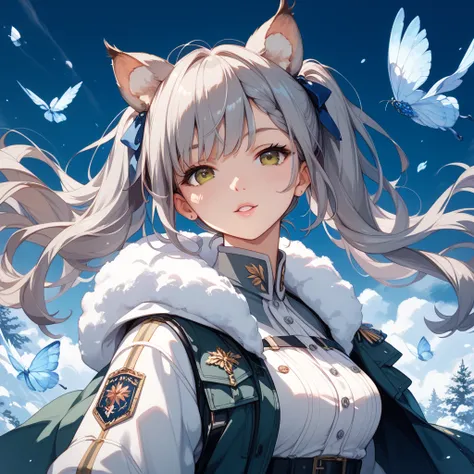 1 beautiful woman、Gray Hair、twin tails、brown eyes、Flying squirrel ears、Military cold protection、cold weather background