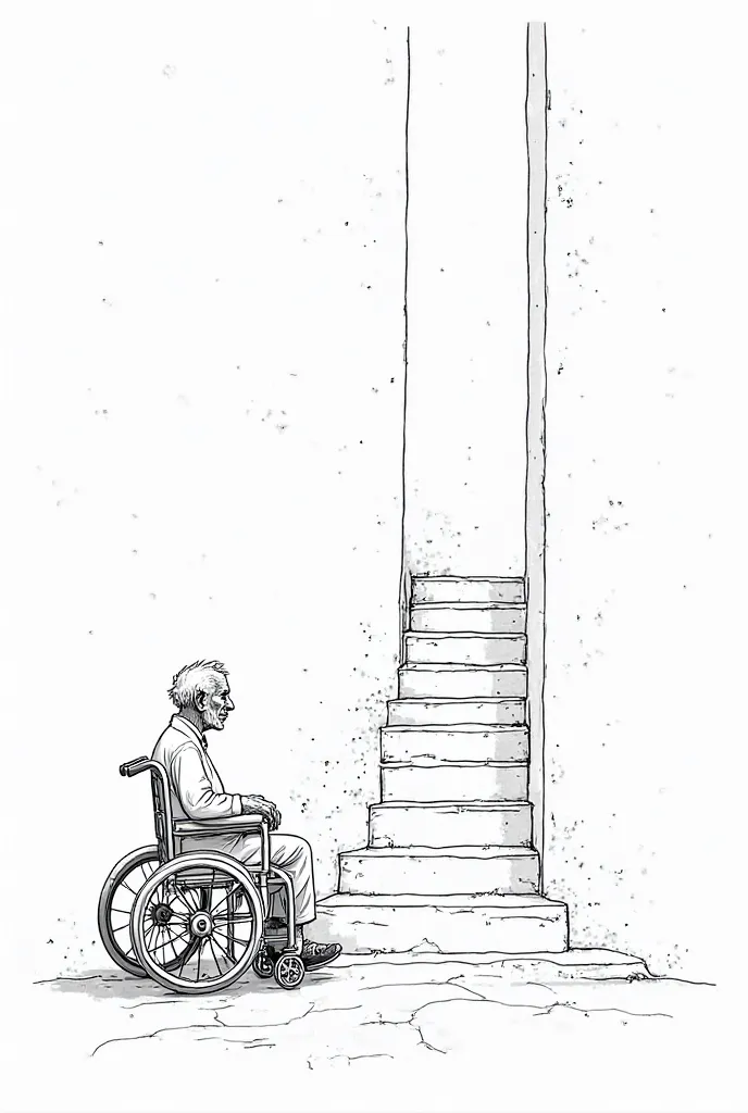 a coloring page in black and white with simple strokes about An old man in a wheelchair, who can't climb the stairs and stays down the stairs unable to climb