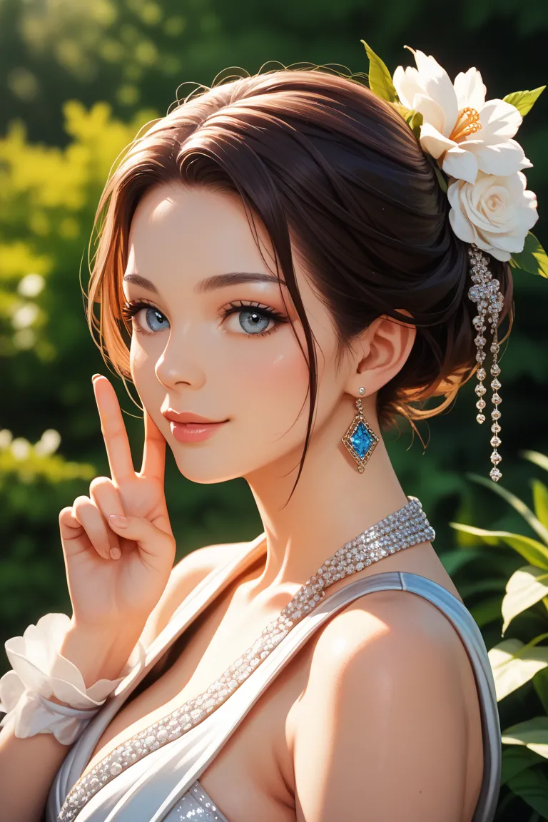 Japanese woman dressed tastefully in natural light、 in close-up capturing her chest and gentle expression 、showing her inner peace and outer charm。